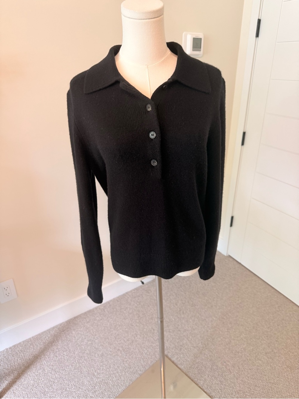 Classic Black Collared Crewneck Button Sweater